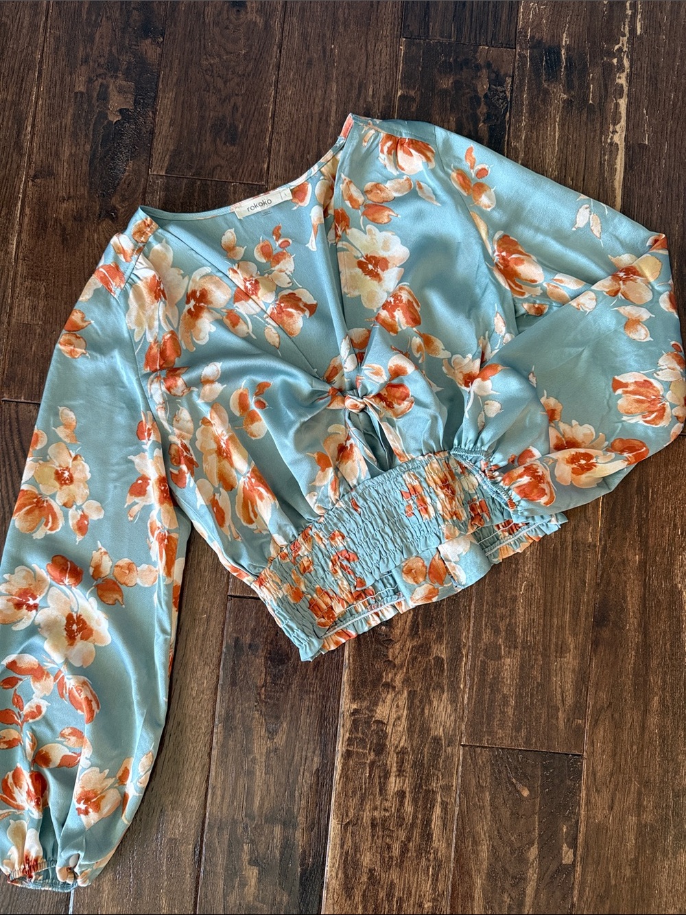 Floral Tie-Front Crop Blouse in Light Blue with Orange Accents